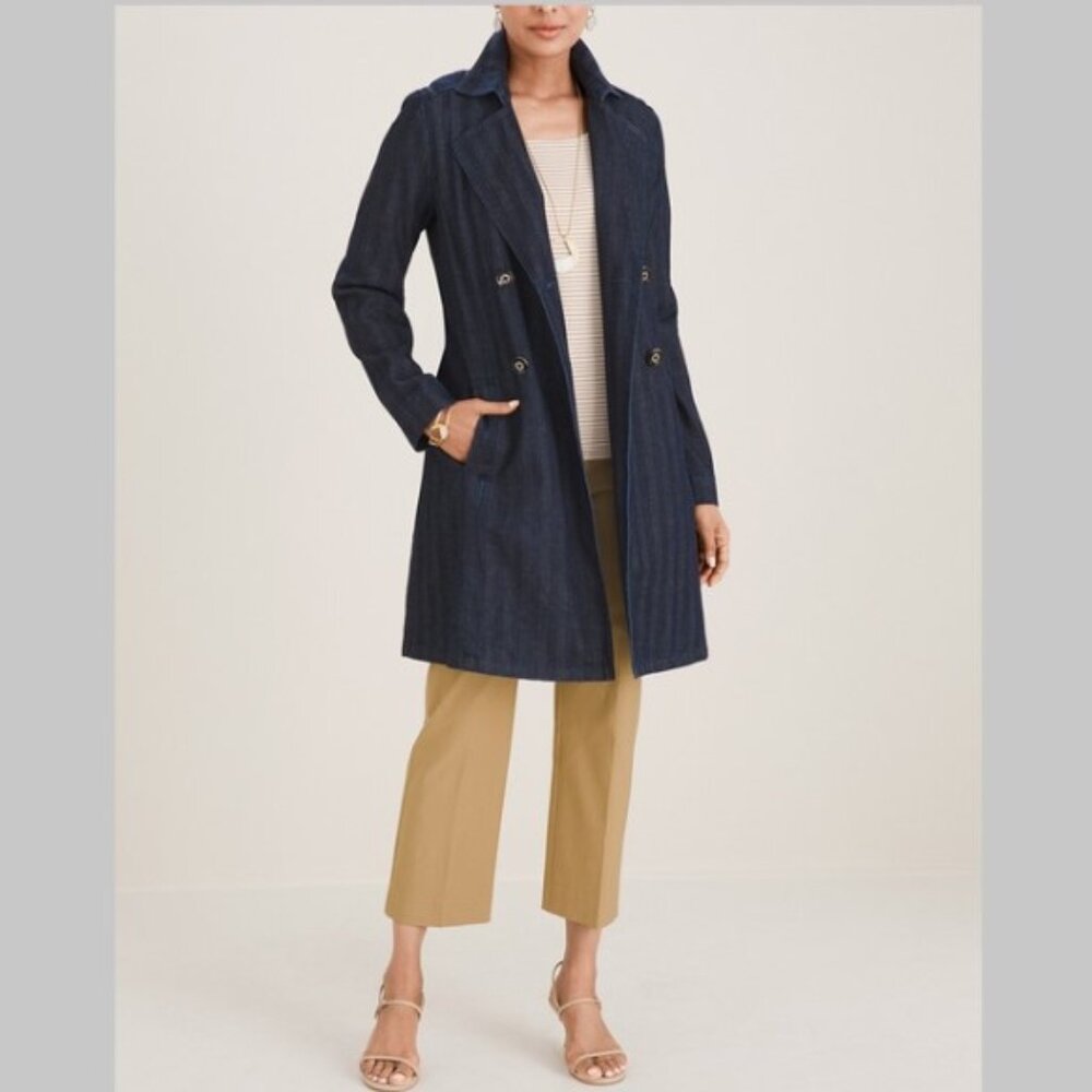Chico’s  Denim Trench Coat Jacket Cotton Linen L - Picture 5 of 12